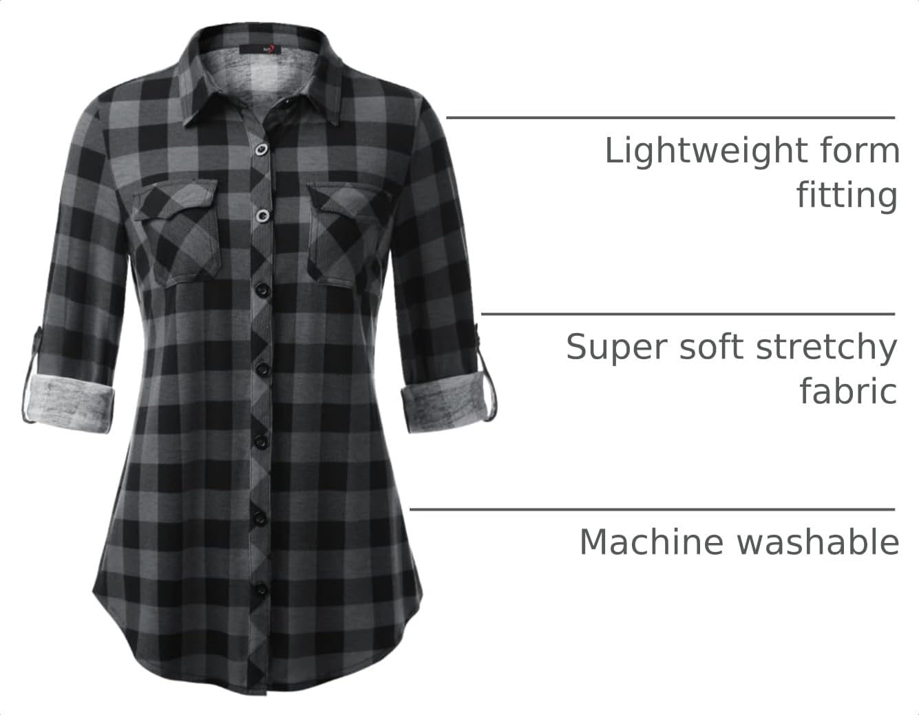DJT Womens Soft Stretchy Knit Plaid Shirts Roll up Long Sleeve Collared Button down Blouses Tops