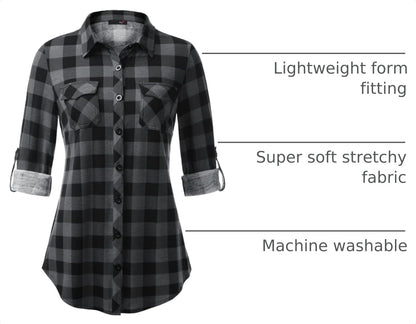 DJT Womens Soft Stretchy Knit Plaid Shirts Roll up Long Sleeve Collared Button down Blouses Tops