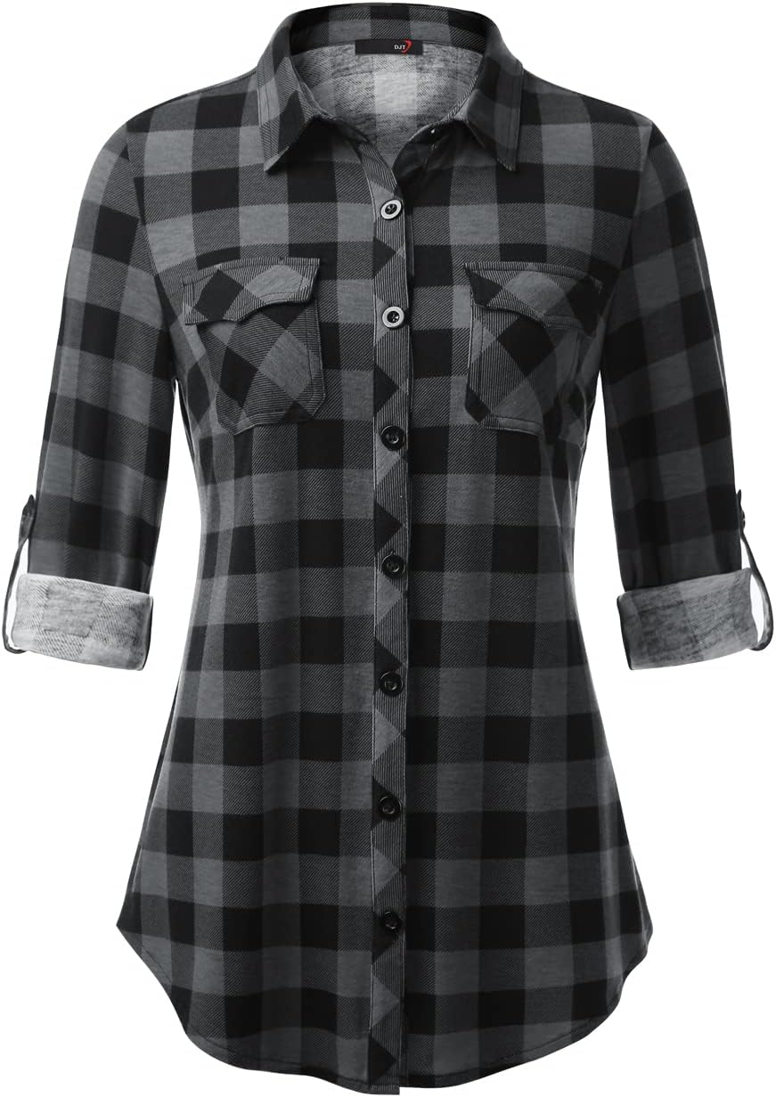 DJT Womens Soft Stretchy Knit Plaid Shirts Roll up Long Sleeve Collared Button down Blouses Tops