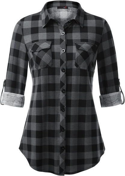 DJT Womens Soft Stretchy Knit Plaid Shirts Roll up Long Sleeve Collared Button down Blouses Tops