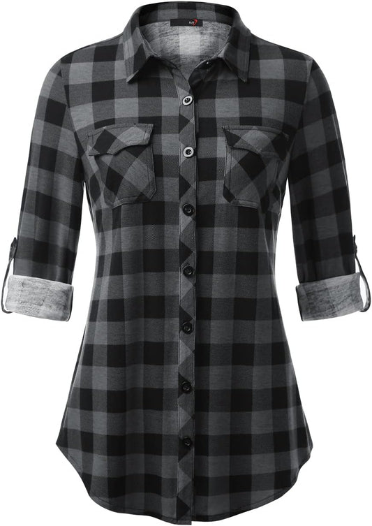 DJT Womens Soft Stretchy Knit Plaid Shirts Roll up Long Sleeve Collared Button down Blouses Tops