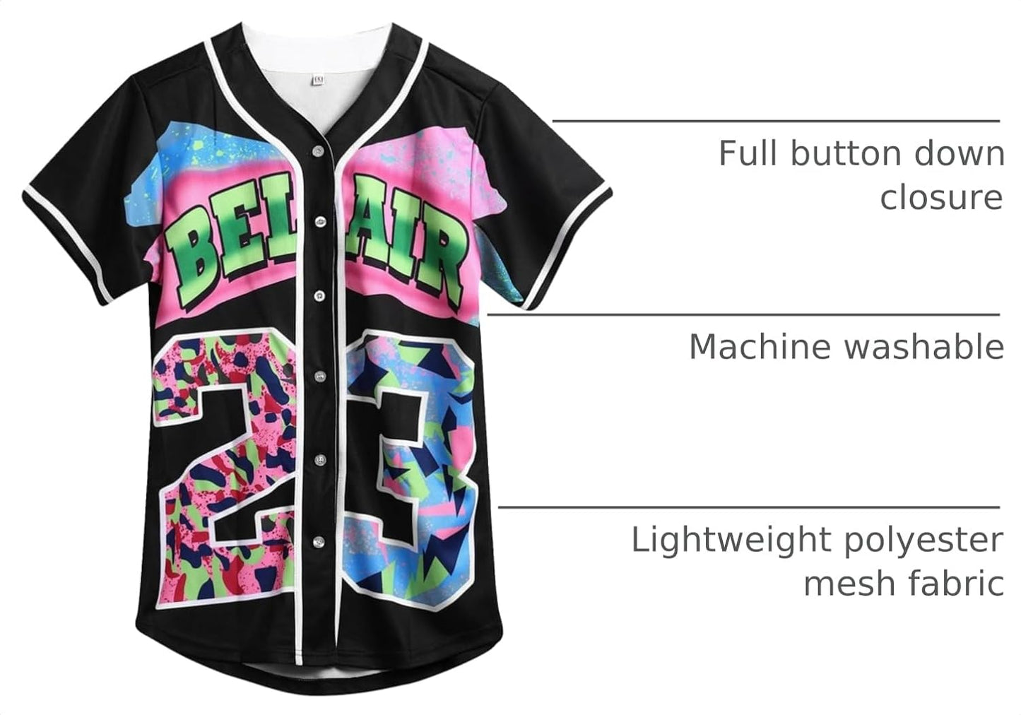 Unisex Bel Air Button down Baseball Jersey, 90S Hip Hop Party Shirt | Breathable Polyester,Classic Short Sleeve Button Down, Loose Men Women Fit, Casual Daily and Hip-Hop Street Styling.
