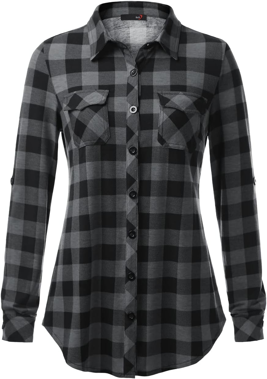 DJT Womens Soft Stretchy Knit Plaid Shirts Roll up Long Sleeve Collared Button down Blouses Tops