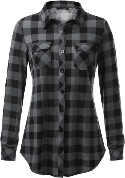 DJT Womens Soft Stretchy Knit Plaid Shirts Roll up Long Sleeve Collared Button down Blouses Tops