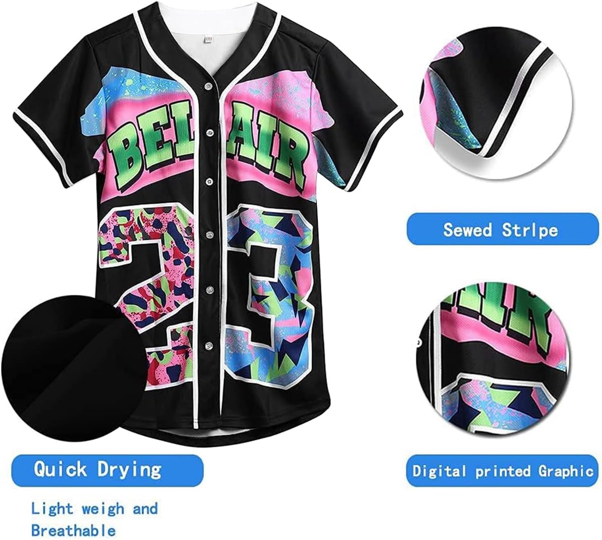 Unisex Bel Air Button down Baseball Jersey, 90S Hip Hop Party Shirt | Breathable Polyester,Classic Short Sleeve Button Down, Loose Men Women Fit, Casual Daily and Hip-Hop Street Styling.