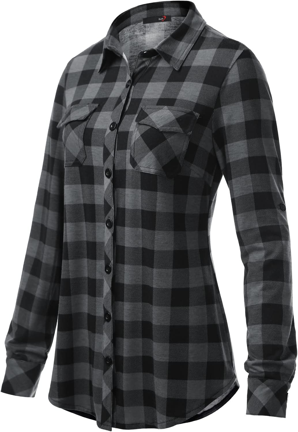 DJT Womens Soft Stretchy Knit Plaid Shirts Roll up Long Sleeve Collared Button down Blouses Tops