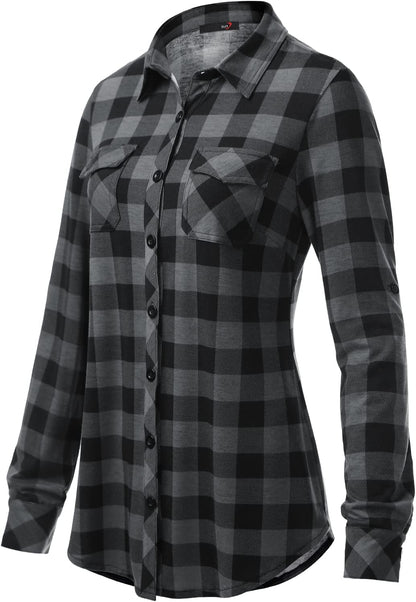 DJT Womens Soft Stretchy Knit Plaid Shirts Roll up Long Sleeve Collared Button down Blouses Tops