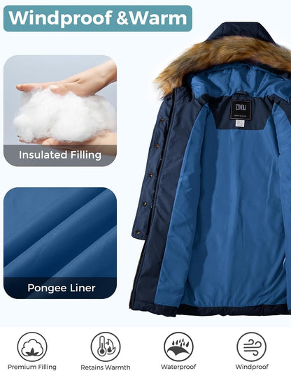 Girls' Long Winter Coat Waterproof Warm Puffer Jacket Hooded Parka | 5000Mm Waterproof, Hood with Removable Faux Fur, Machine Washable, Windproof, for Daily, Snow, School, Outdoor